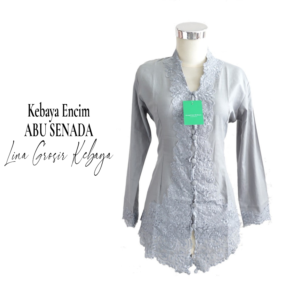 Kebaya Encim Bordir Katun Stretch Abu Senada Lengan Panjang