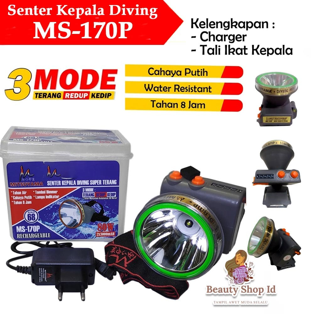 [ CUCI GUDANG ] Senter Kepala Mitsuyama MS 170P / MS 170K 80 Watt - Senter Selam Water Resistant Anti Air Diving Super Terang Original