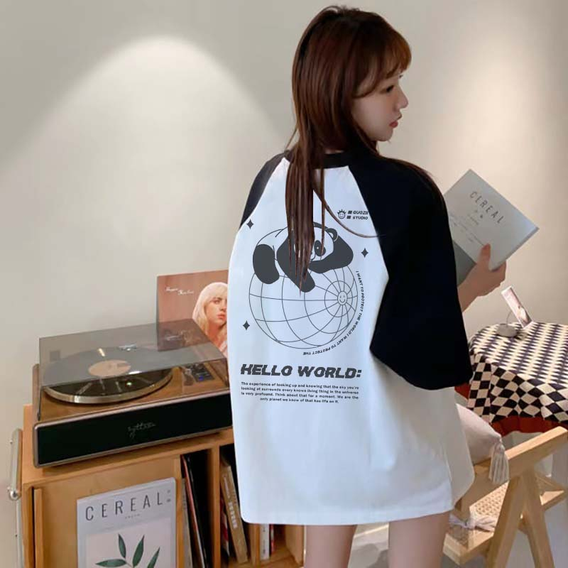 100% Katun Kaos Baju Raglan Wanitat Shirt Panda Kekinian  Fashion Baju Wanita Korea Daju Kaos Wanita Oversize