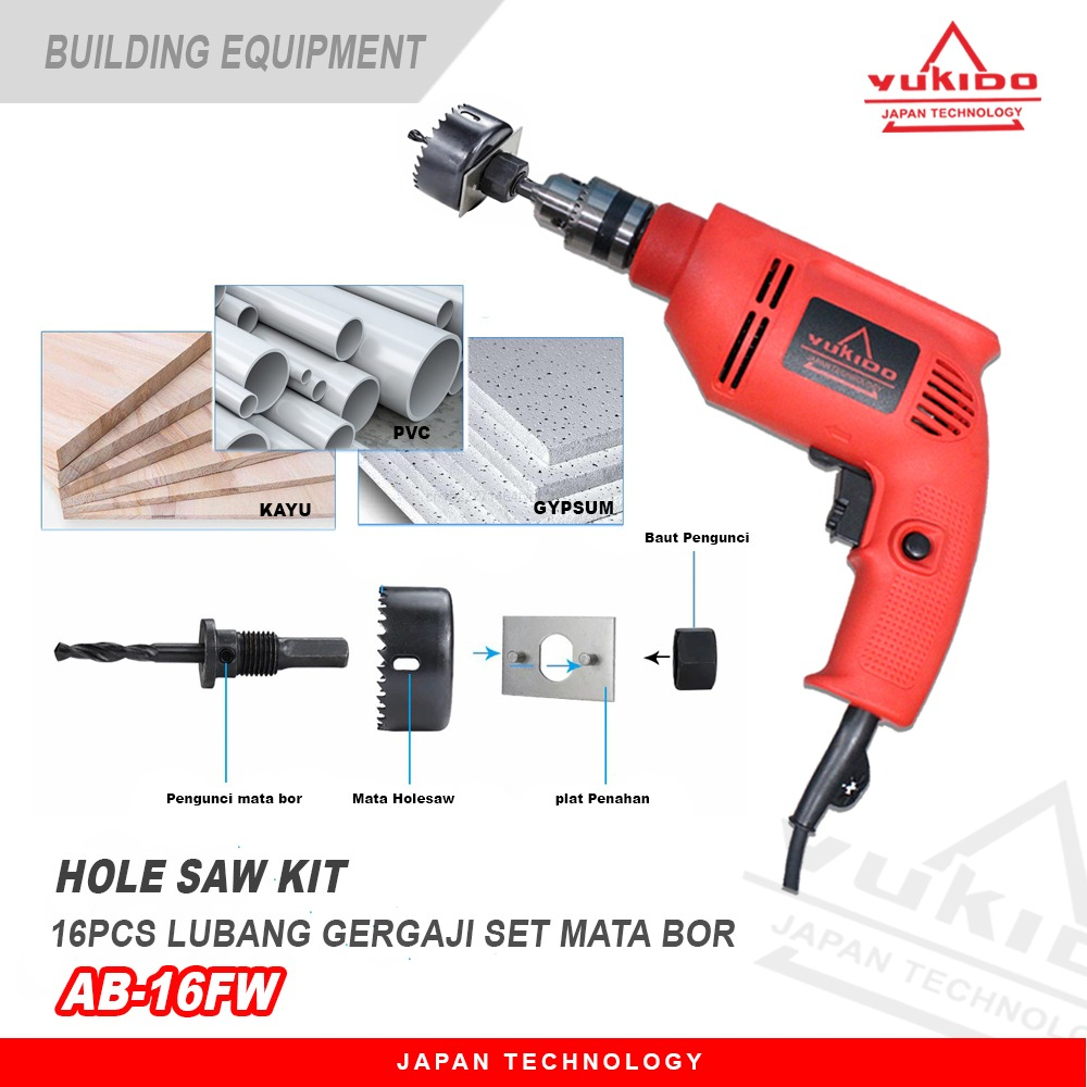 Holesaw Kit Hole Saw Kit Mata Bor Kayu Set Isi 16 Pcs TERMURAH YUKIDO