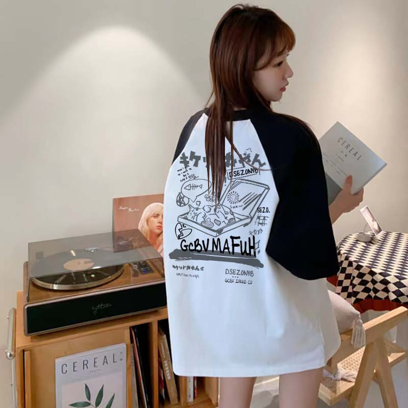 Kaos Raglan Wanita Interesting Graffiti Baju Kaos Oversize Wanita Korean Ootd kaos Wanita Lengan Pendek