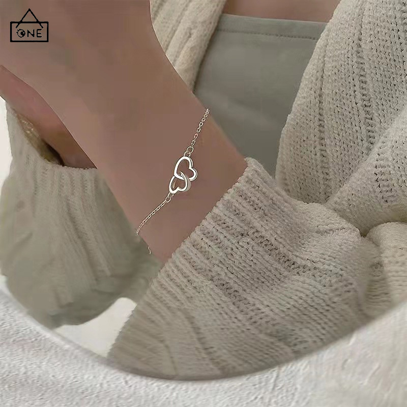 COD❤️ Double Heart Shape Fashion Indah Mengkilap Manis Gelang Perhiasan Wanita-A.one