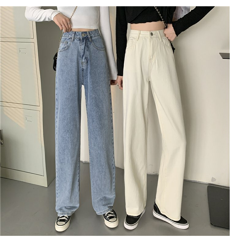 EUNII Korean Style Celana Panjang Jeans Wanita Kekinian Loose High Waist Boyfriend Jeans