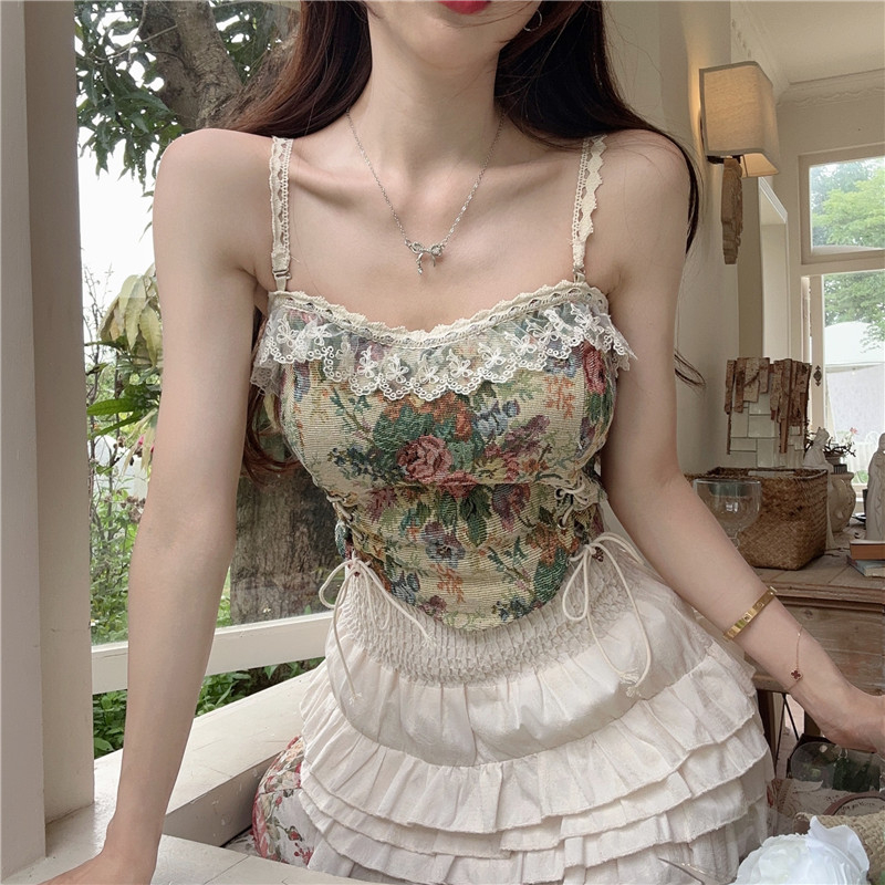 EUNII Suspender Wanita Retro V-neck Crop top Knit Lace Vest All Match Top