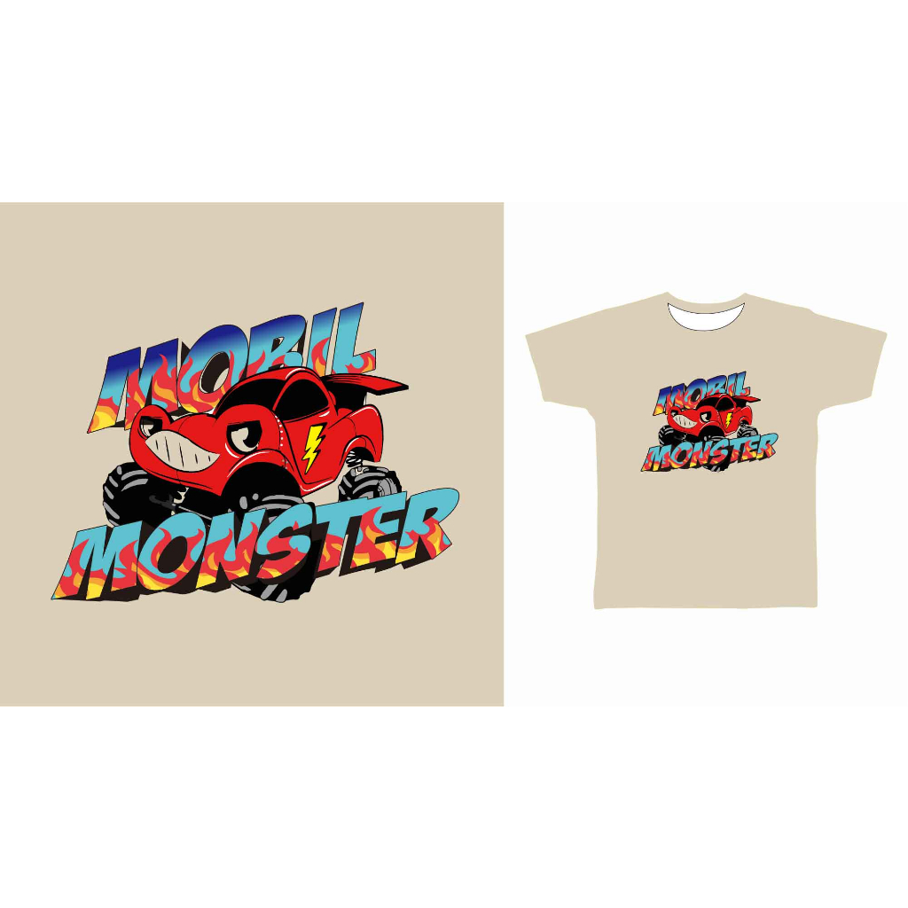 Baju Kaos Distro Atasan Anak Laki Perempuan Cowok Cewek Umur 2-14 Tahun motif mobil monster