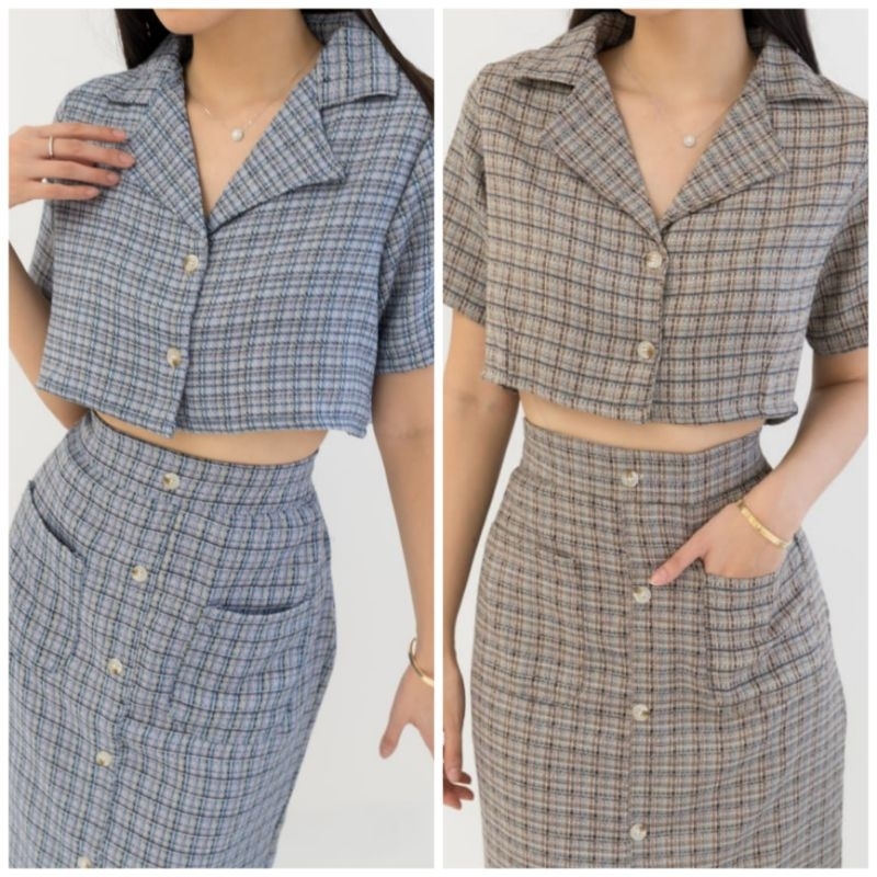 ❣️SPECIAL PRICE ♡ PREMIUM ♡ ORIGINAL ! WELISSA TWEED 2 IN 1 PLAID SET BUTTON SET CROP COLLAR BLOUSE WITH MIDI POCKET SKIRT