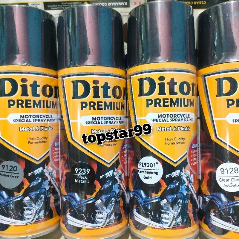 Diton Premium Paket Lengkap 4 Kaleng 400cc Hitam Metalik Lembayung Gold Emas 9201 Primer Grey 9120 Black Metalic 9239 Clear Glossy 9128 Pilox Pilok Cat Semprot Spray Paint