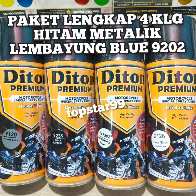 Diton Premium Paket Lengkap 4 Kaleng 400cc Hitam Metalik Lembayung Blue Biru Primer Grey 9120 Black Metalic 9239 Clear Glossy 9128 Pilox Pilok Cat Semprot Spray Paint