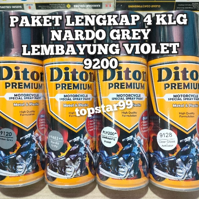 Diton Premium Paket Lengkap 4 Kaleng 400cc Abu-Abu Lembayung Violet Ungu 9200 Primer Grey 9120 Nardo Grey 9483 Clear Glossy 9128 Pilox Pilok Cat Semprot Spray Paint