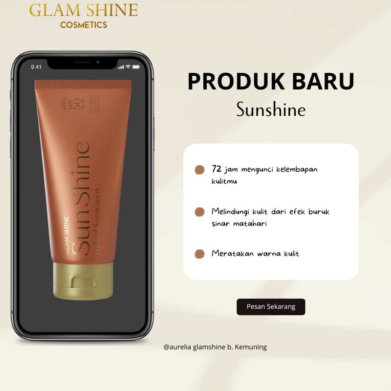 【Official Agent】GLAMSHINE SKINCARE Sunshine Suncreen SPF 50++ UV Hybrid Sunscreen Korea Pelindung Tabir Surya UVA UVB Sunblock Kulit Wajah Sensitif Oily Berminyak Jerawat Anti Acne Whitecast Tahan Lama Pencerah Pemutih Wajah Whitening Glowing Viral BPOM