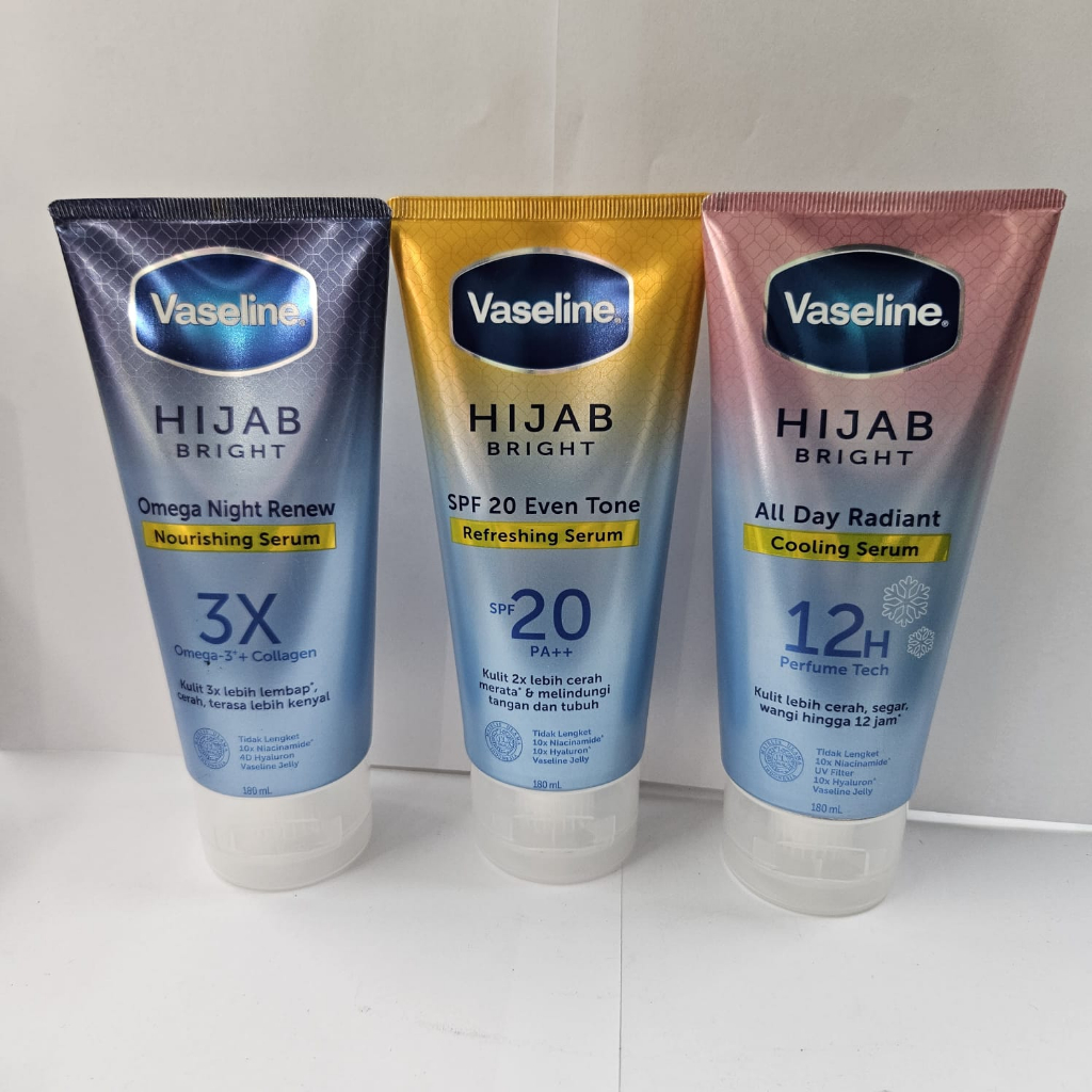 Vaseline Hijab Bright Hand &amp; Body Serum All Day Radiant, SPF 20 PA ++, Omega Night Renew 180 ML