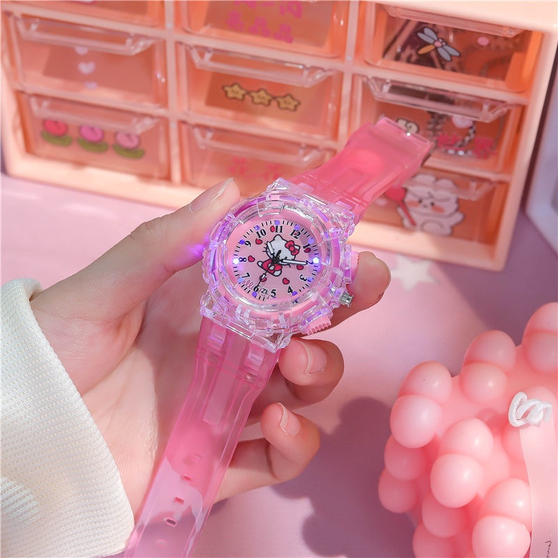 Jam Tangan Anak Perempuan Hello Kitty Lampu LED Jam Tangan Anak untuk Anak Laki-laki Perempuan Siswa Jam Digital Warna-warni Kilat Kualitas Tinggi