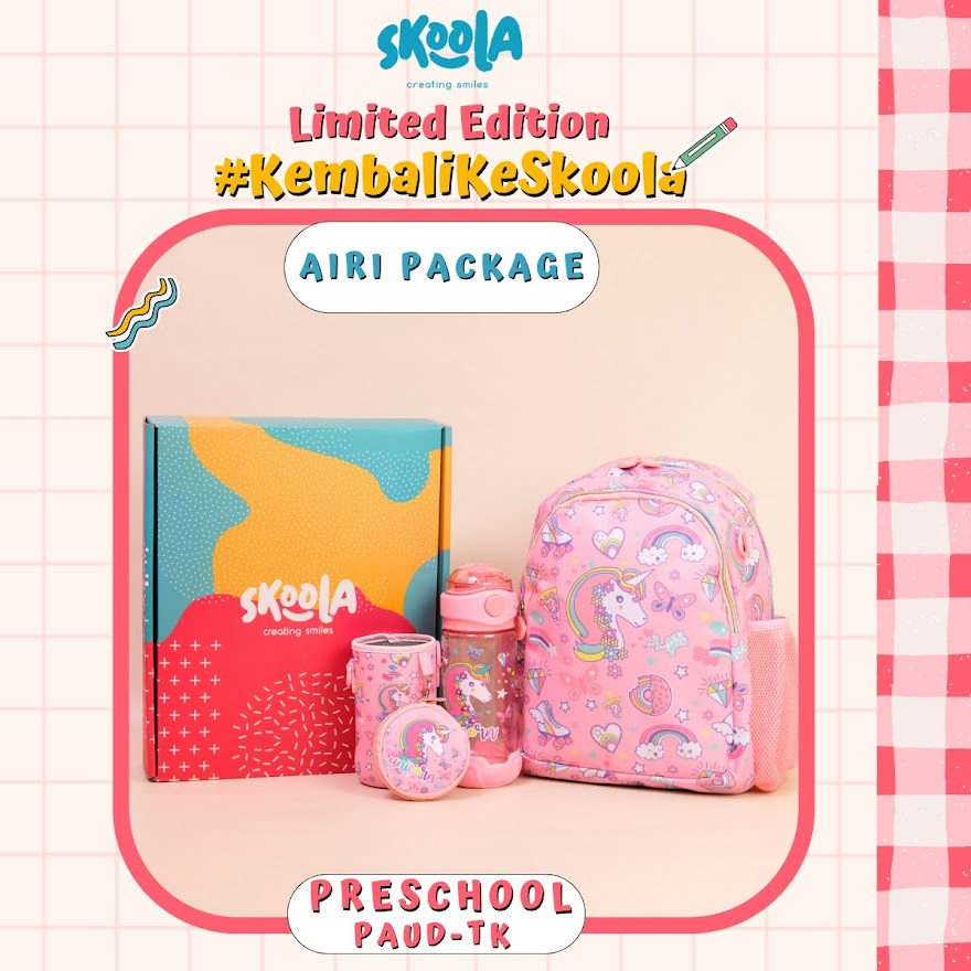 Skoola Special Package Tas Sekolah Anak Perempuan Laki - Laki PAUD TK Ransel + Botol Minum - Airi