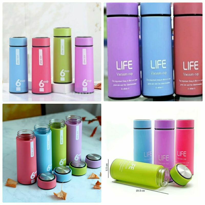Botol Minum Kaca Life / Six Oup 450ml Beling Cover Palstik Air Panas Dingin Termos Glass 6 cup Life