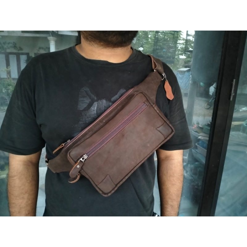 Selempang Waistbag pria Corazonn Kulit sapi asli crazy horse