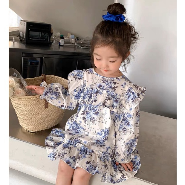 Dress Fashion Import Anak Perempuan - Putih Motif Bunga Biru