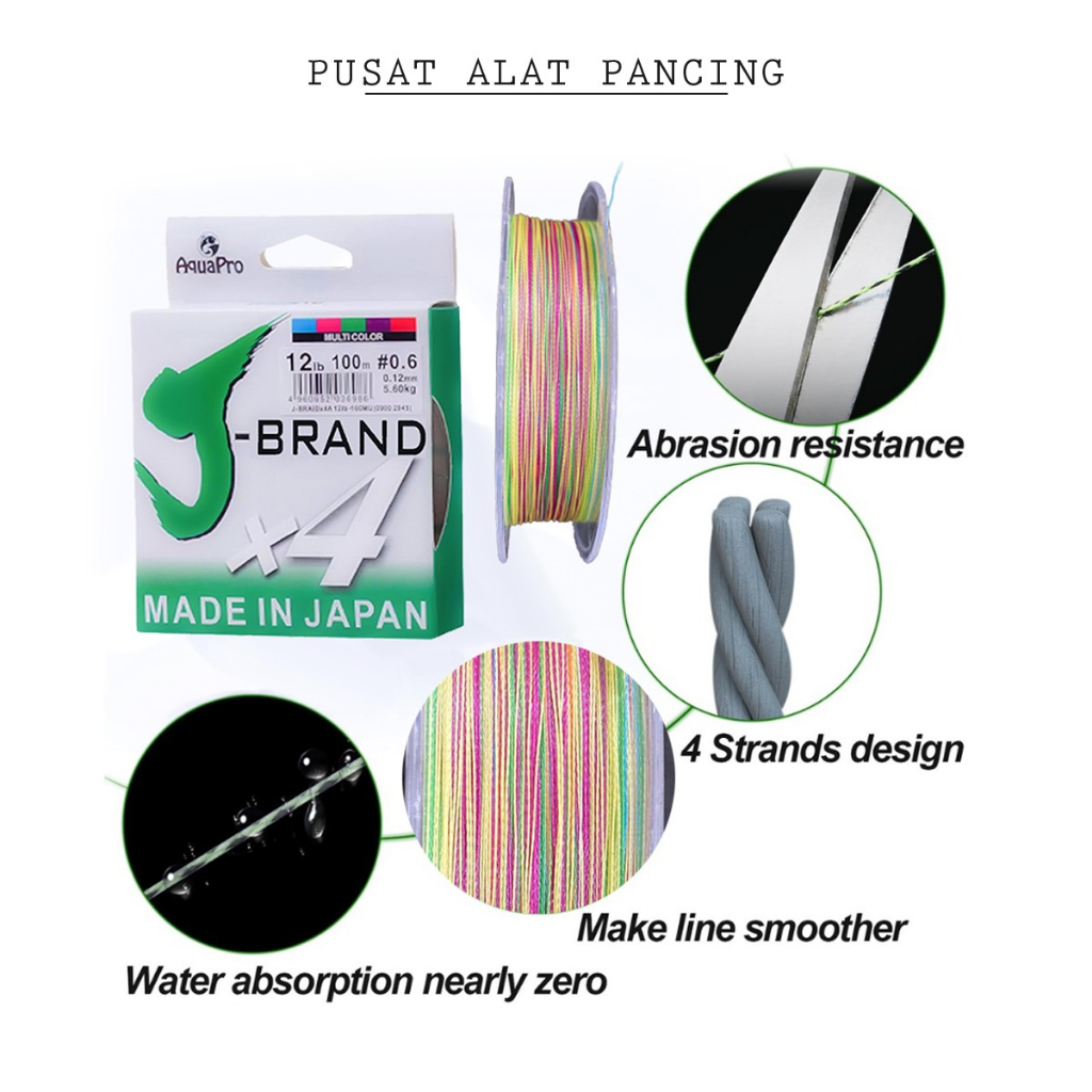 Senar Pancing J-BRAND X4 100M PE Multicolor Senar Kepang 4 Helai Untai Senar Pancing Multifilamen Kawat Pancing Ikan