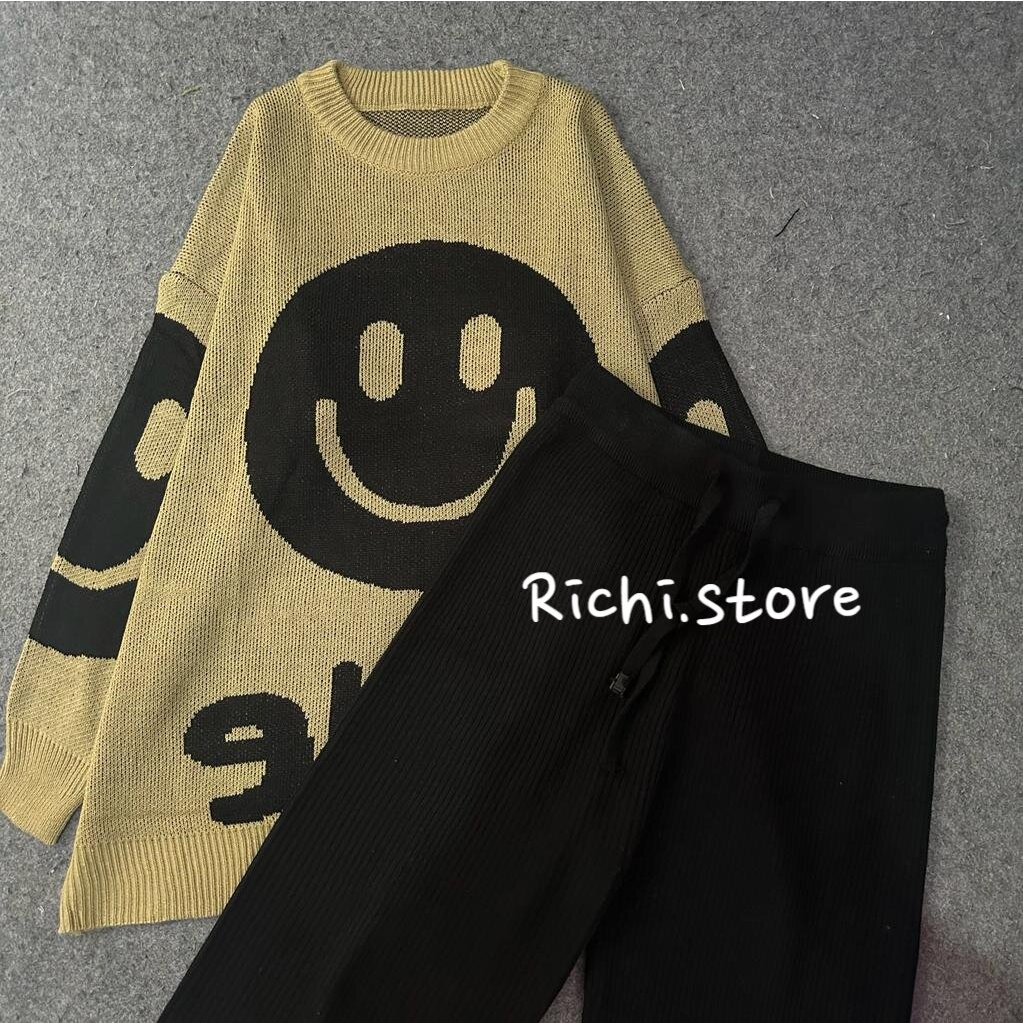 Smile oversize sweater - Setelan kulot rajut sweater motif smile (celana+atasan)