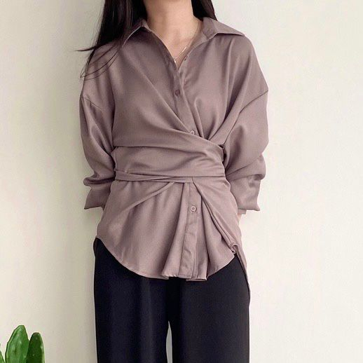 Lalita Shirt Bahan Shakila Kemeja Wanita Full Kancing Lengan Panjang Ikat Tali Korean Style OOTD Remaja