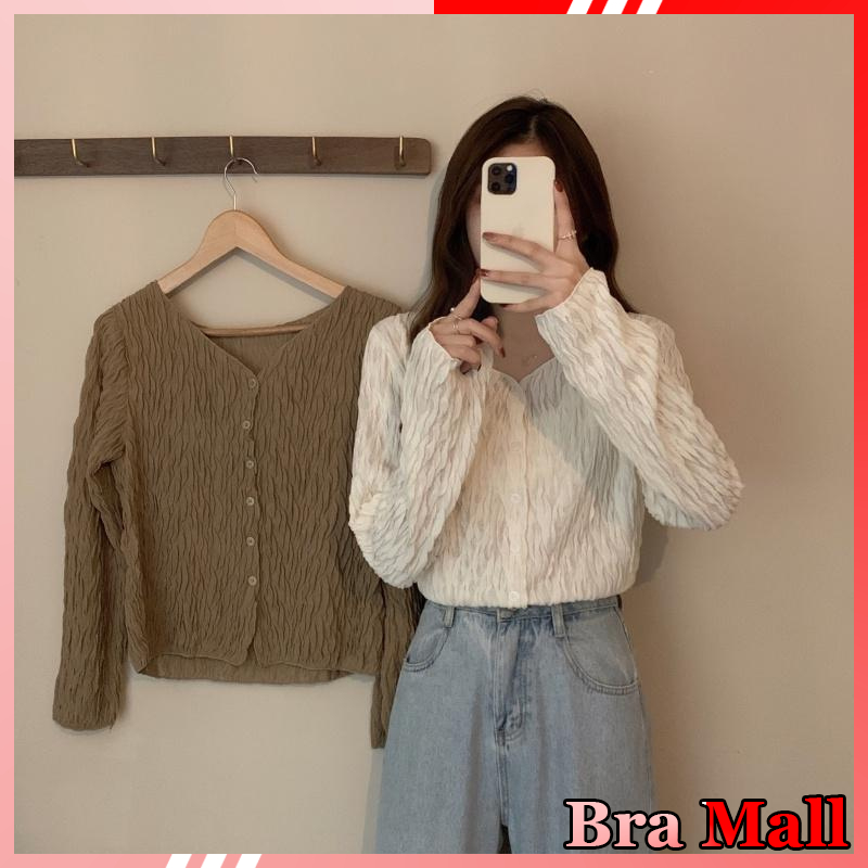 【 Bra Mall 】BJ-073 Blouse Kemeja Polos Wanita Crinkle Vintage Korean Lengan Panjang Casual