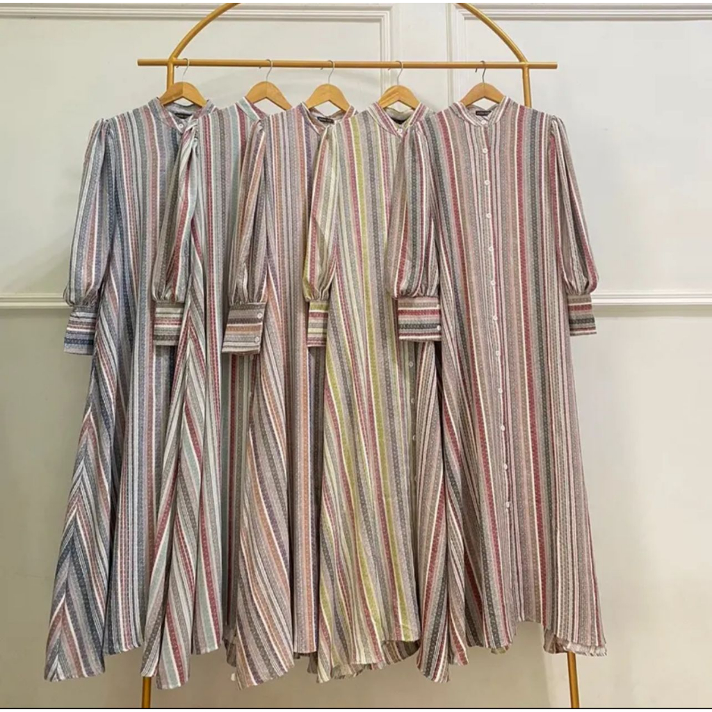 GAMIS CRINGKEL MOTIF SALUR JUMBO FULL KANCING MUSLIM WANITA GAUN PESTA KONDANGAN MEWAH DRESS  POLA STRIP ADA SAKU SAMPING