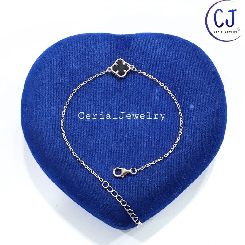 Gelang Clover Perak Asli Silver 925 Lapis Emas Putih Asli Model VanCleef / Clover Rantai Nori Polos - Gelang Anti Karat