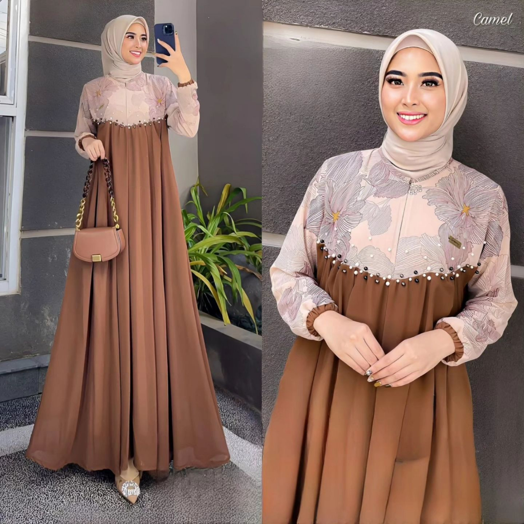 Gamis kifara dress bahan ceruty baby doll premium full furing / busui / resleting depan original