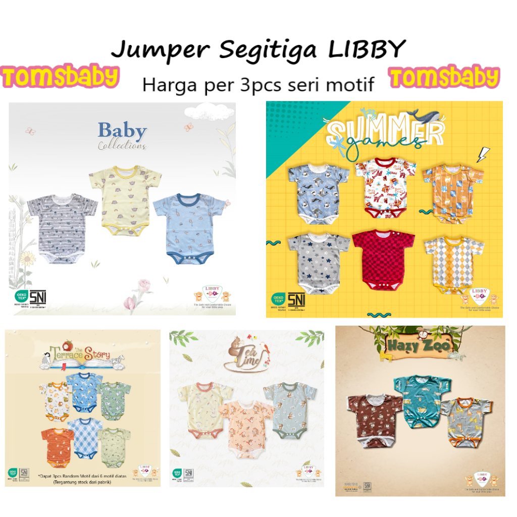 [TOMS] [BUNDLE HEMAT 3pc] LIBBY (3pcs) Jumper Baju Kodok Pendek Romper Segitiga MOTIF PRINT Terbaru Grosir (0-3bln)