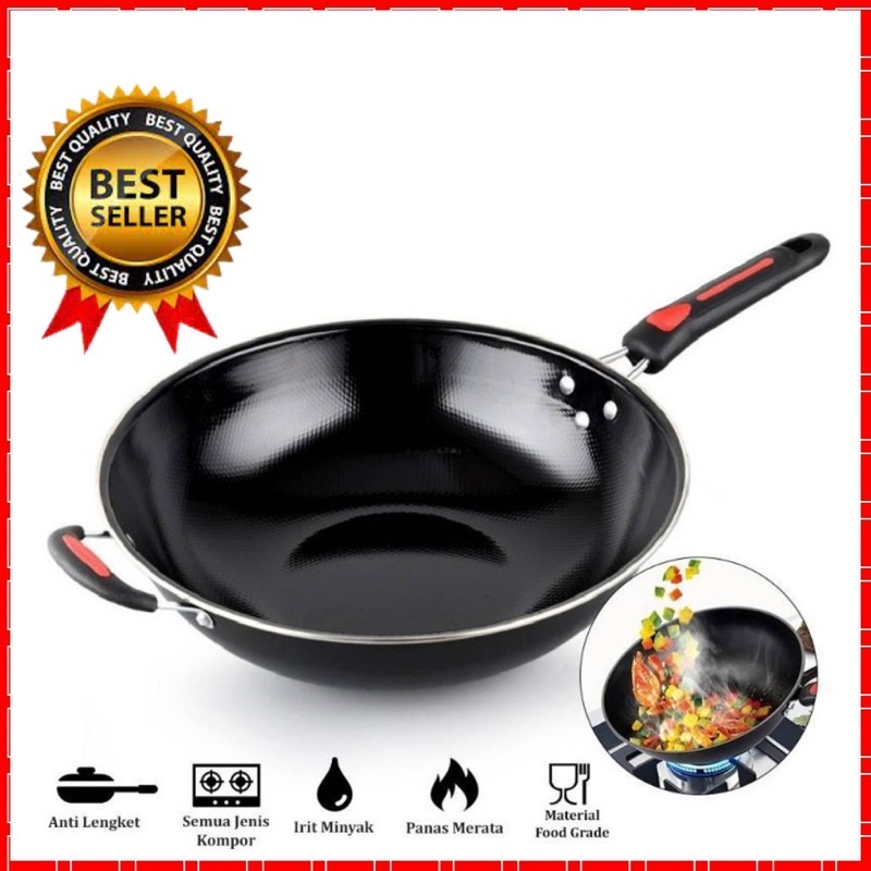 WAJAN ENAMEL HITAM GAGANG PANJANG LIST MERAH - PANCI WAJAN TEBEL ANTI LENGKET 32/34CM - TEFLON HITAM CEKUNG - WOOK PAN JUMBO PENGGGORENGAN HIQH QUALITY