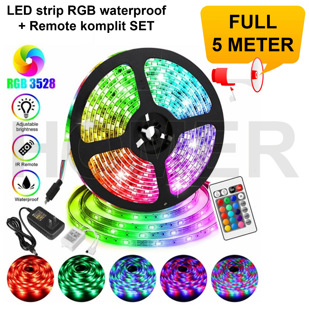 Lampu Led Strip RGB Warna Warni RAINBOW LAMPU HIAS DEKORASI interior exterior WATERPROOF Lampu LED Strip pita IP44 IP65 5M 10M 2835 5050 mata besar kecil Komplit Set Adaptor Remote INDOOR OUTDOOR ANTI AIR hujan Complete SET