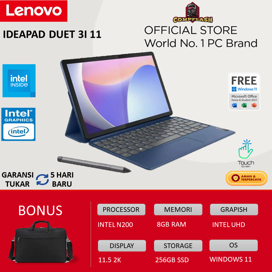 LAPTOP LENOVO IDEAPAD DUET 3i 11 TOUCH N200 8GB 256GB SSD WINDOWS 11 11.5 2K