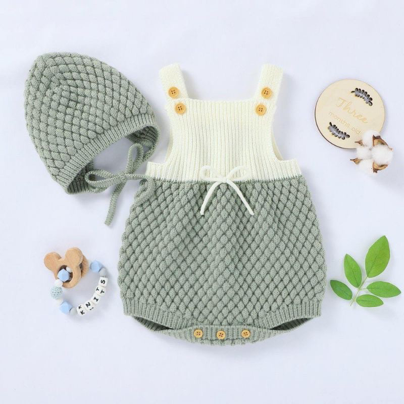 Jumpsuit Romper Baby Newborn 0-9 Bulan Rajut Mikayla Free Kupluk Import Premium