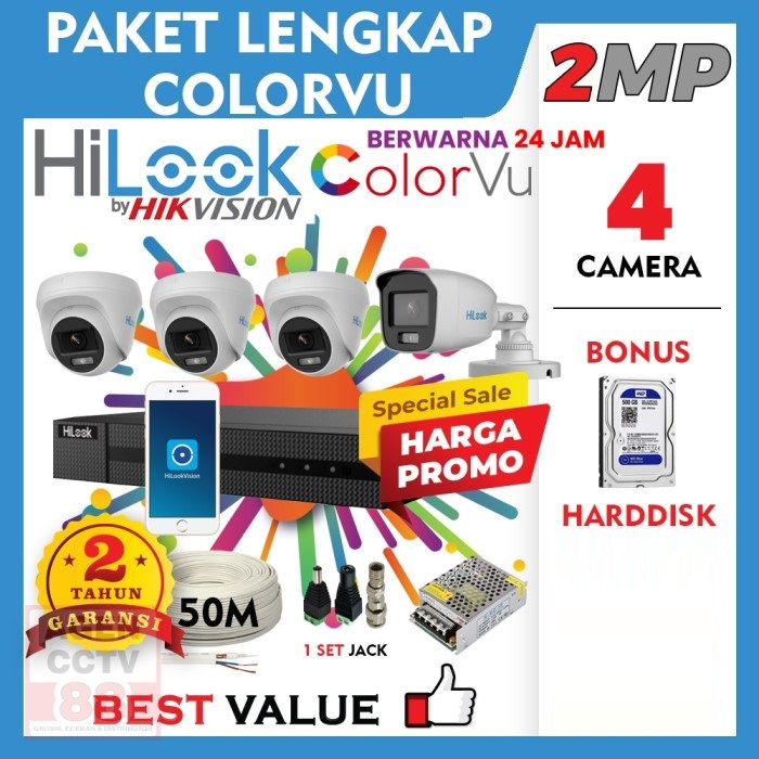 Paket CCTV HILOOK by HIKVISION 2MP COLORVU 4 KAMERA SIAP PASANG