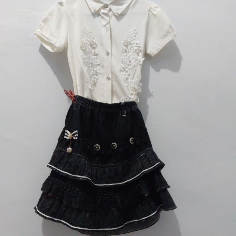 stelan Anak Blose Putih Payet + Rok Denim tingkat