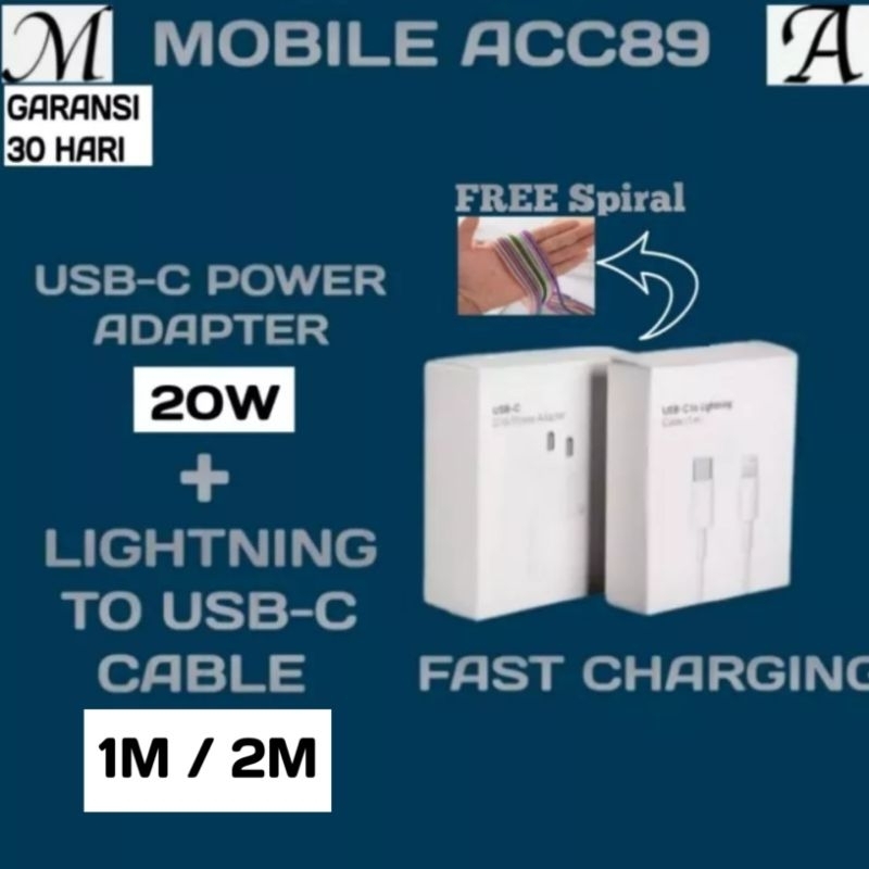 Charger Iphone USB Type-C To Lightning Kabel Lightning  Ip 11 / 12 / 13 / 14 Pro Max Fast charging / USB-C To Lightning Cable Data Iph 1M / 2 Meter Adapter 20W  Kepala Casan 20 Watt Adaptor USB-C Original