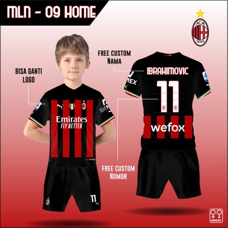 setelan Jersey tim AC MILAN set baju kaos bola anak tim AC MILAN HOME