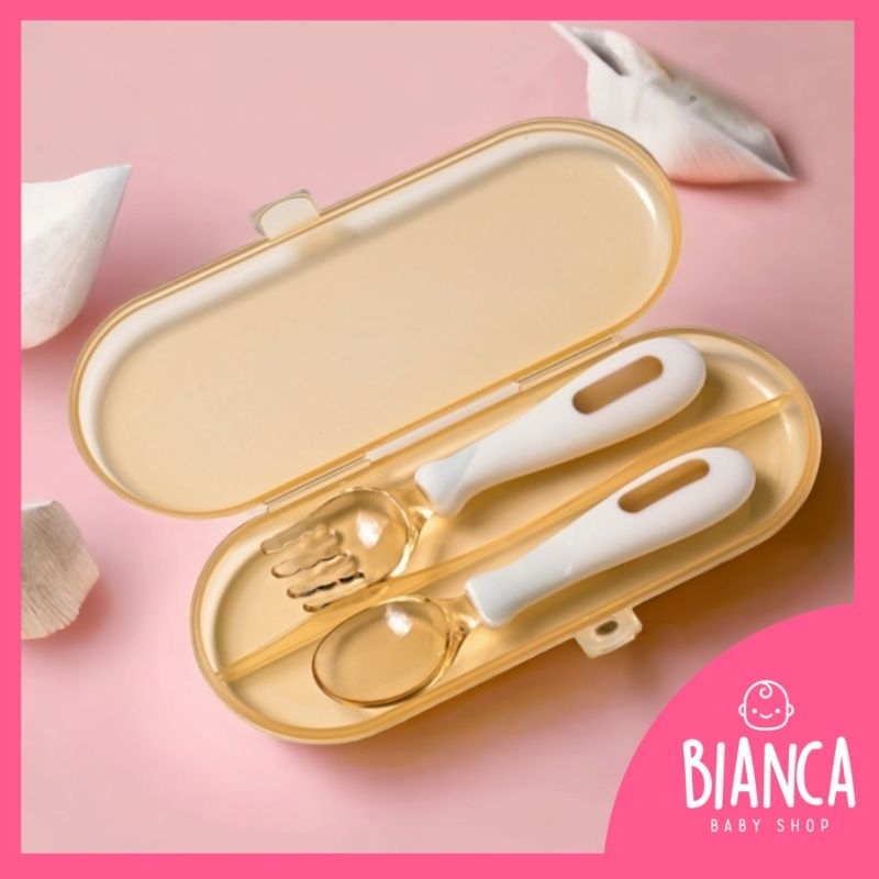 BIANCA - Sendok Garpu Training Anak Bayi Yellow White Premium BAHAN PLASTIK PPSU + BOX PENYIMPANAN