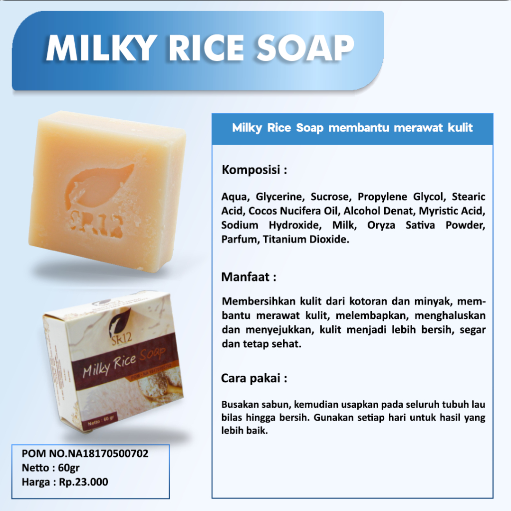 SABUN BERAS SUSU BPOM / MILKY RICE SOAP SR12 / SABUN PEMUTIH WAJAH / SABUN WAJAH KOMBINASI / saudagarsr12