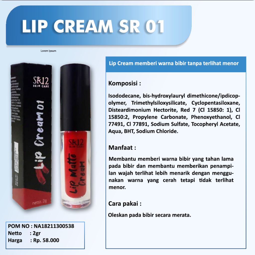 Lip Cream SR12 - Lipstik Tahan Lama &amp; Air / Lip Theraphy Bebas Paraben / Ringan Di Bibir Hasil Warna Yang Lebih Pekat