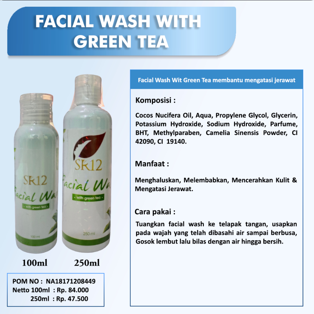 FACIAL WASH GREENTEA SR12 BPOM / MENCERAHKAN WAJAH / SABUN KULIT BERMINYAK BERJERAWAT SENSITIF / saudagarsr12