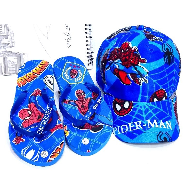 Paket Topi Anak Laki Laki Sandal Anak Cowok Motif Spiderman Biru Keren 1 - 8 tahun