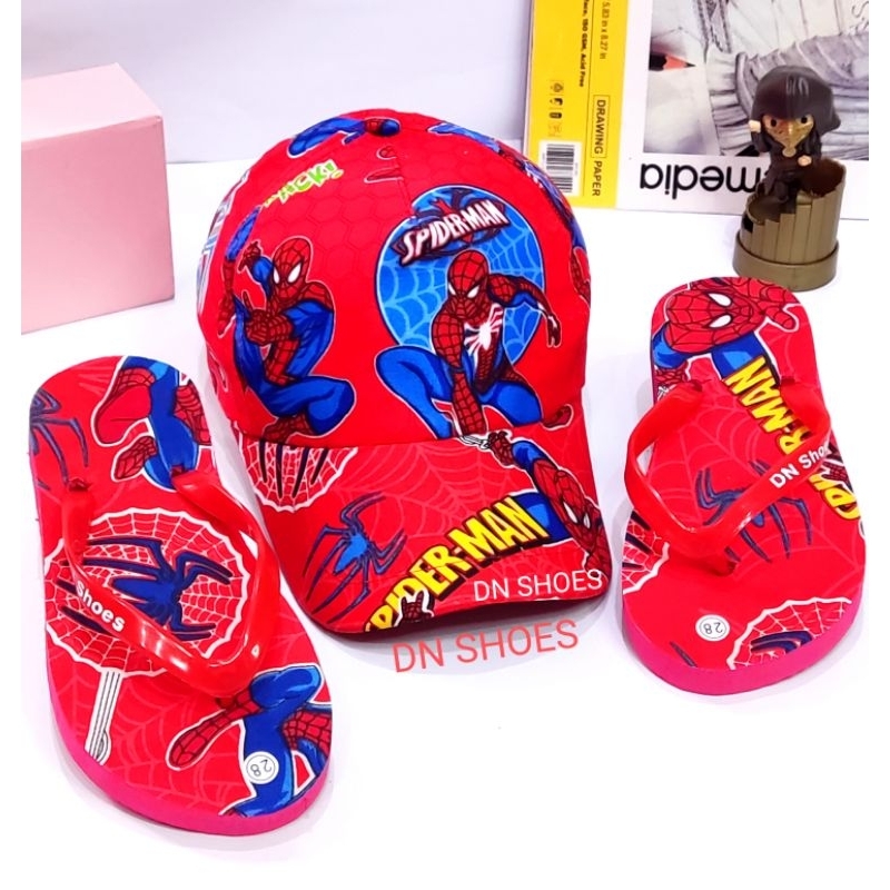 Paket Topi Anak Laki Laki Sandal Anak Cowok Motif Spiderman Merah