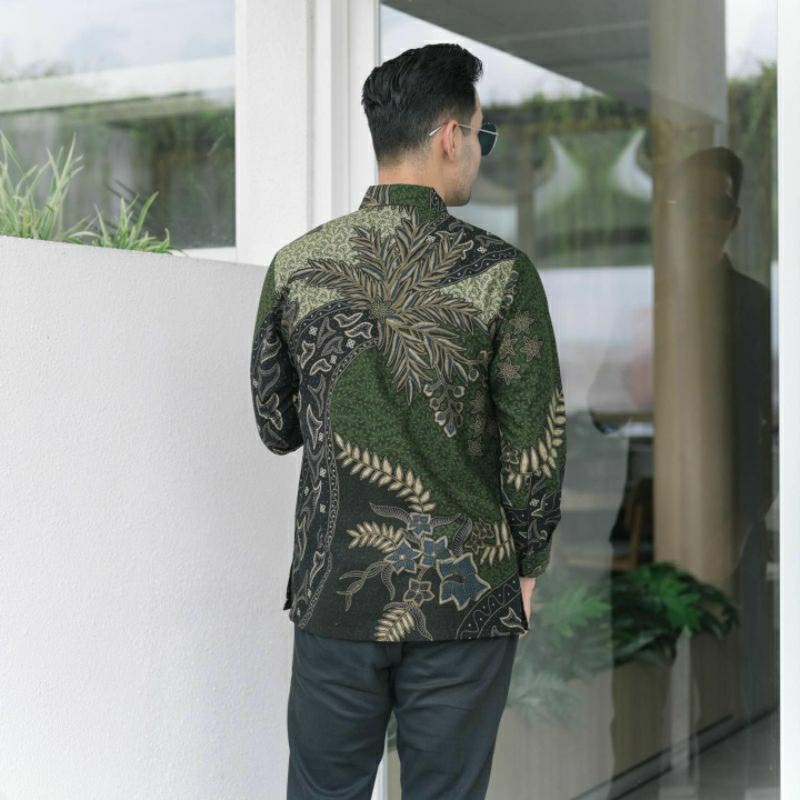 Batik kemeja kekinian lapis furing bahan katun halus baturaden size reguler hijau palm