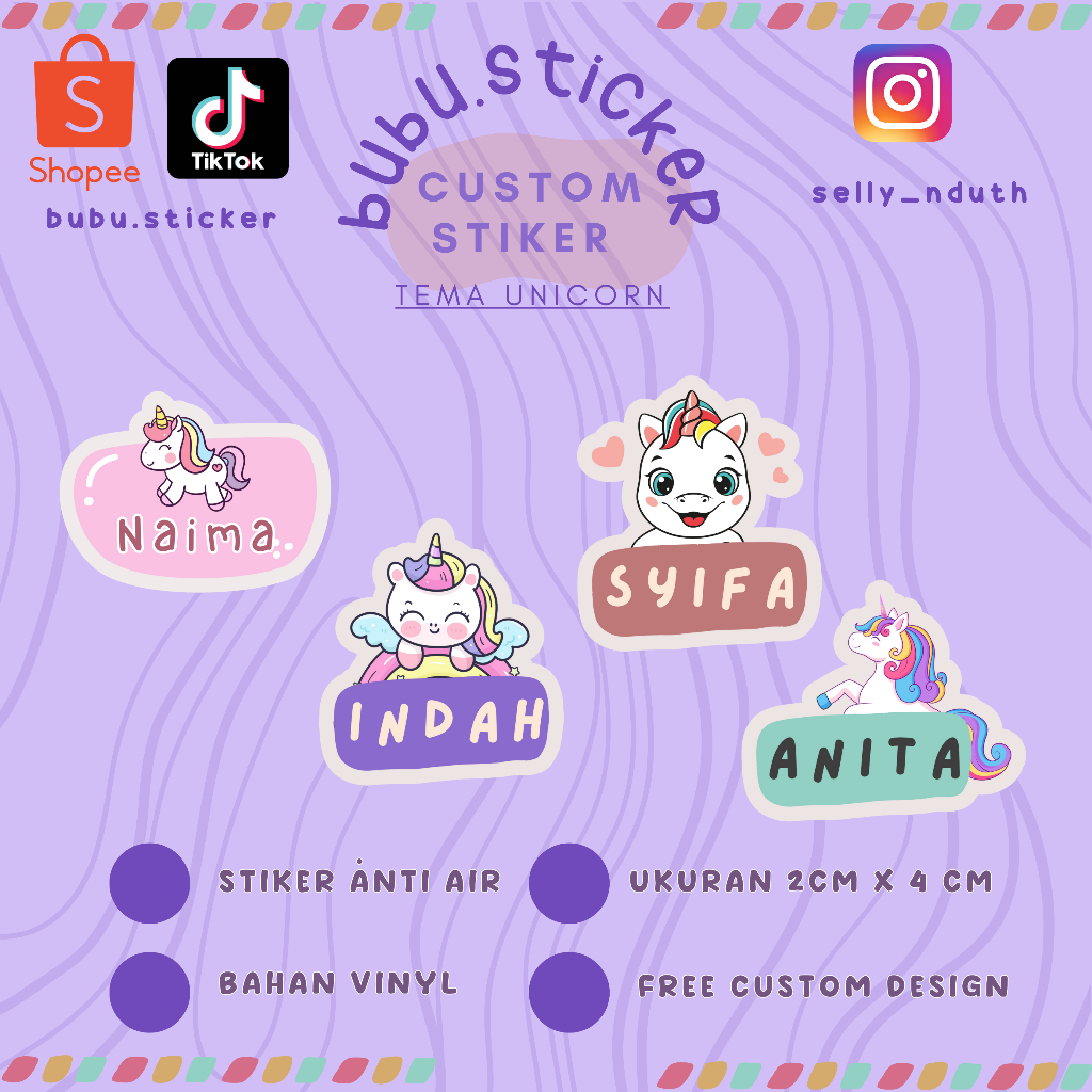 

(ISI 20) STIKER NAMA ANTI AIR CUSTOM UNICORN LUCU DAN MURAH