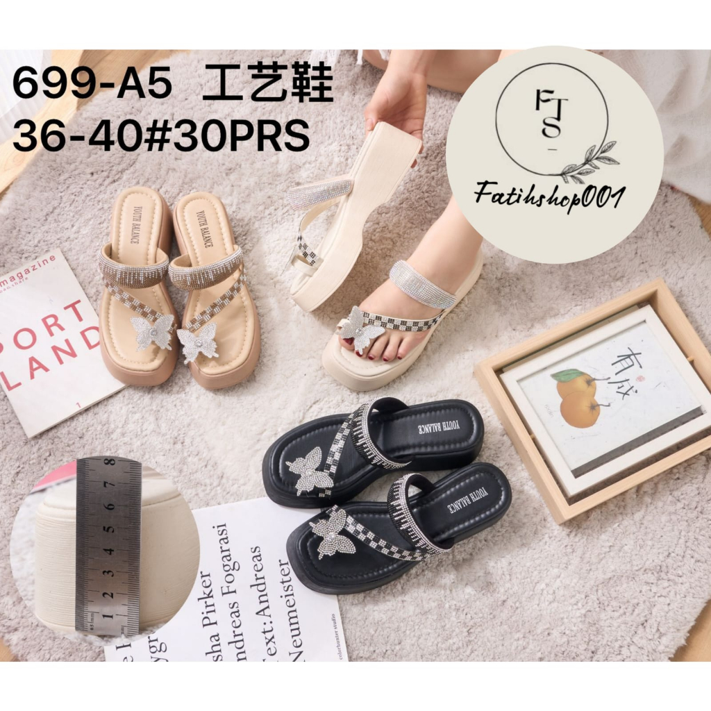 sandal jepit wanita import motif kupu-kupu payet 699-A5 (36-40) sandal wanita viral