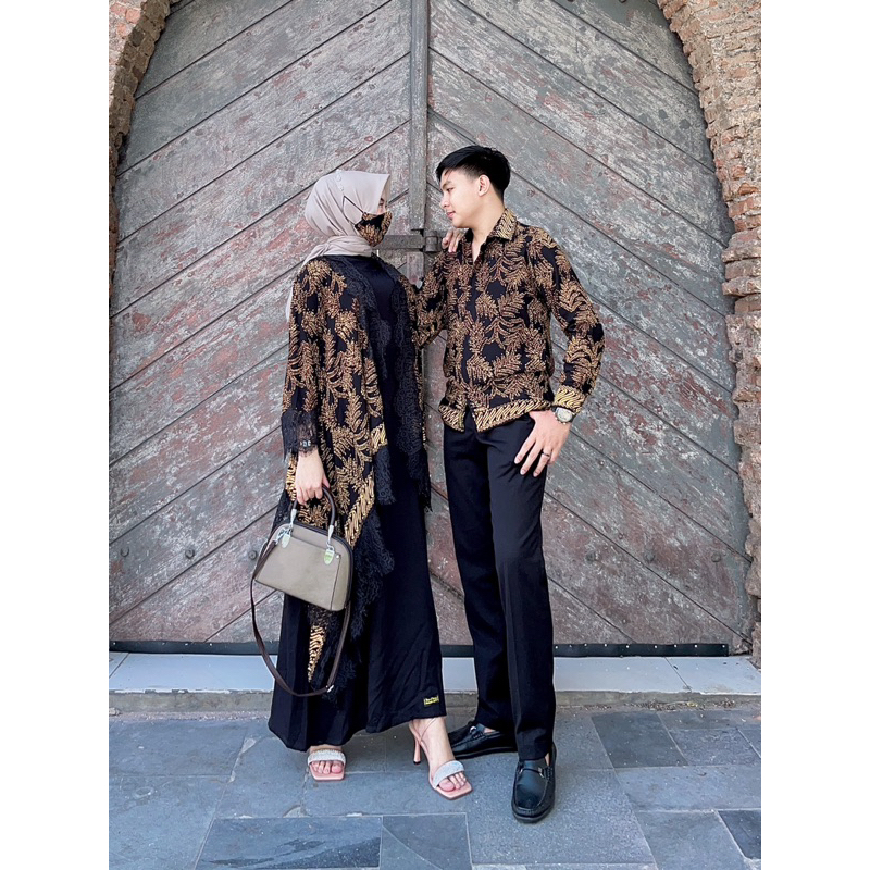 set couple batik asoka daun + kemeja panjang