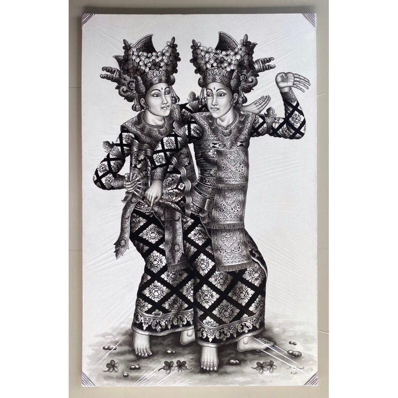 Lukisan Legong Keraton Bali, Lukisan Hitam Putih, Lukisan Kanvas, Hiasan Dinding, Ukuran 135 x 85 cm