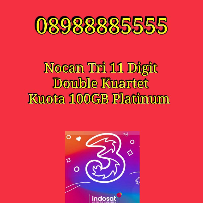 Nomor Cantik Nocan 11 Digit Double Kuartet Kartu Perdana Tri Three 4G LTE Kuota 100GB Platinum