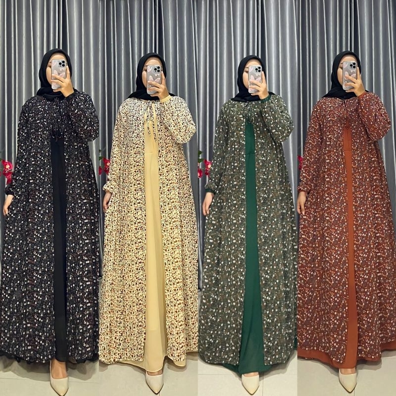 Gamis terbaru seruti babydoll original kombinasi dua layer_motif bunga kecil
