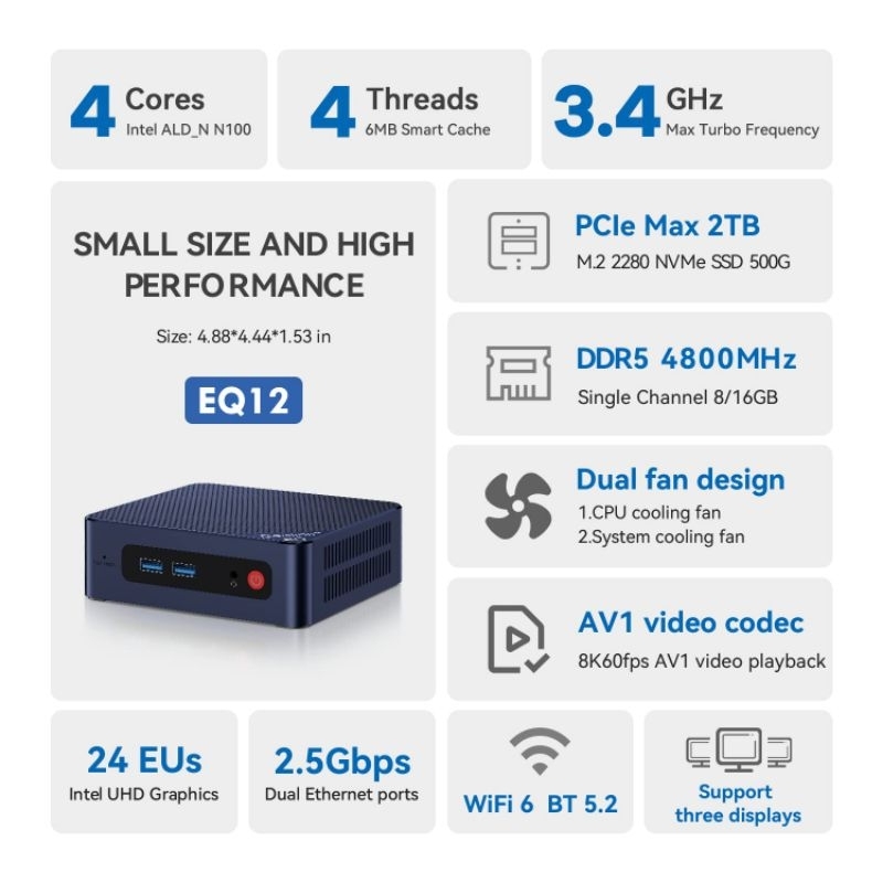 Mini PC Beelink EQ12 N100 16/1TB DDR5 Dual HDMI Dual LAN Windows 11